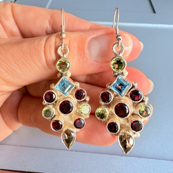 Multi Color Gemstones Sterling Silver Rhombus Boho Dangle Earrings, Neck… - Picture 9 of 12